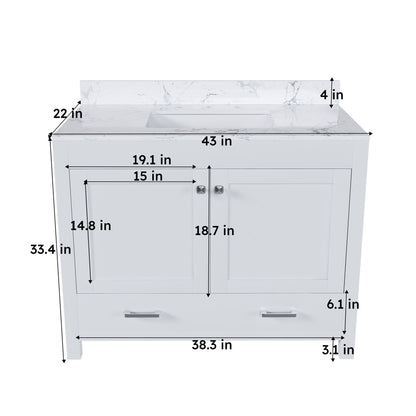 43&quot; Bathroom Vanity With Artificial Marble Carrara Top Set, Multi Functional Bathroom Cabinet With Doors And Drawer - White