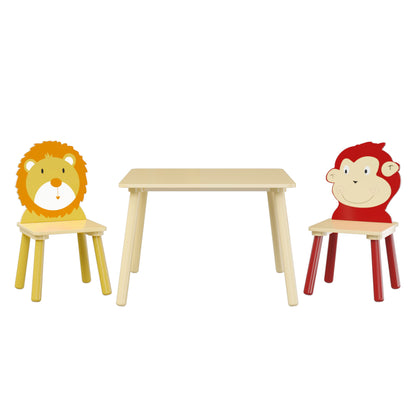 Kids Table And 2 Chairs Set, 3 Pieces Toddler Table And Chair Set, Wooden Activity Play Table Set (Lion&amp;Monkey) - Natural
