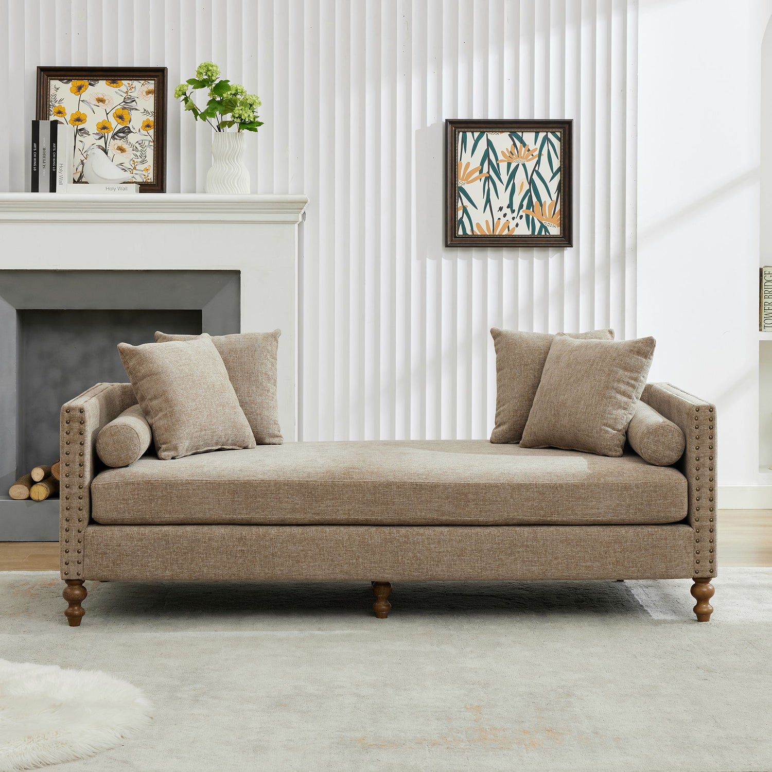 Upholstered Chaise Lounge Indoor With Nailheads, Sleeper Sofa Couch With 4 Throw Pillows &amp; 2 Bolsters, Daybed With Rubberwood Legs