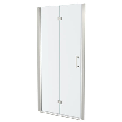 Fold Frameless Shower Door With Tempered Glass - Brushed Silver