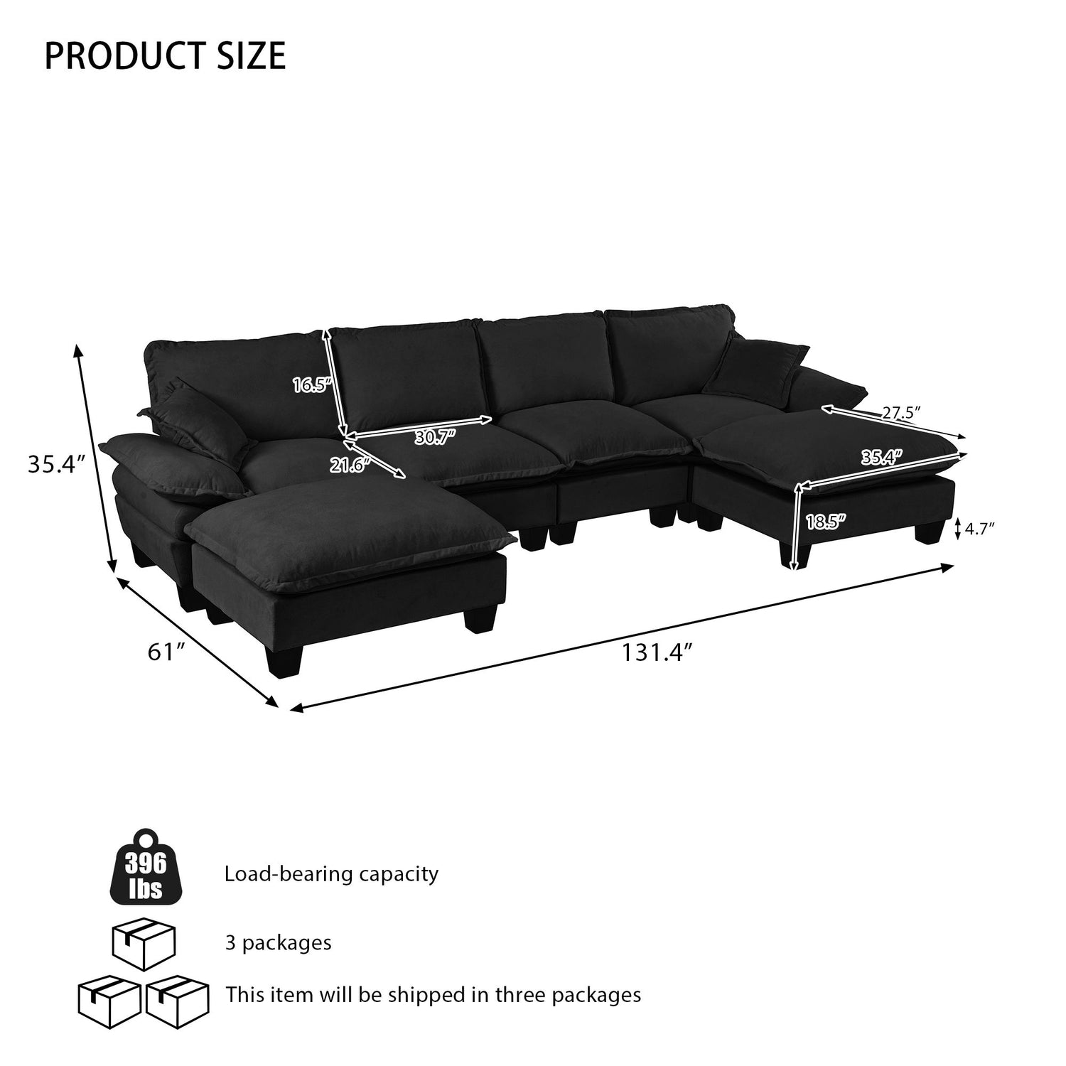 Modular Sectional Sofa With Movable Ottoman &amp; Pillows