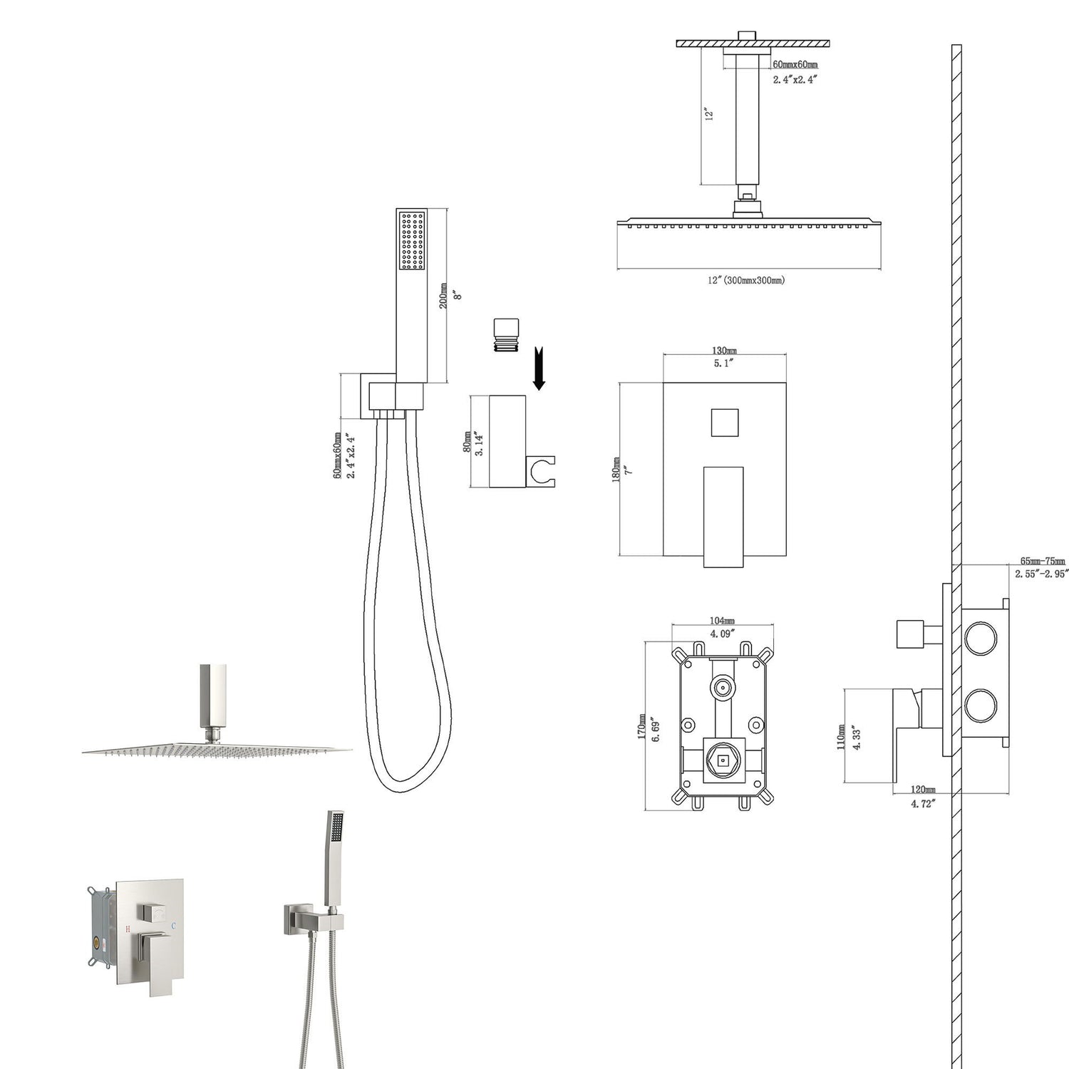 Dual Shower Head System With 12&quot; Square Rain Shower And Rough In Valve