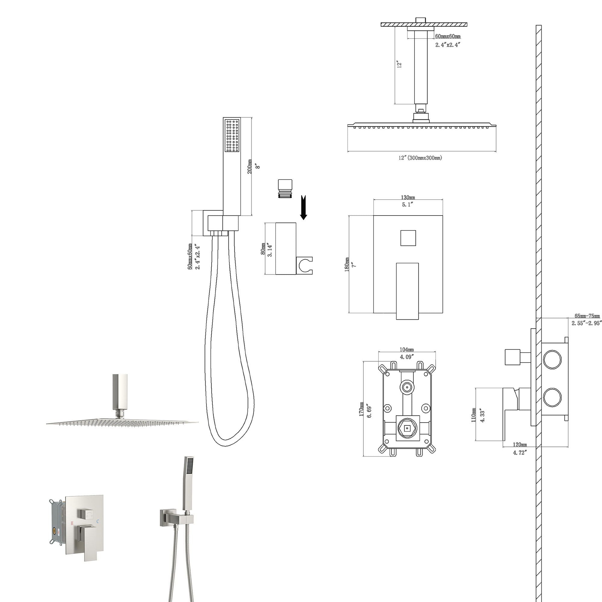 Dual Shower Head System With 12&quot; Square Rain Shower And Rough In Valve