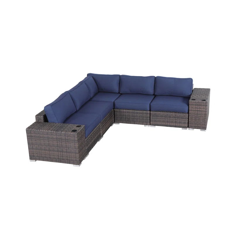 Rattan Wicker 4 Person Seating Group With Cushions Stylish & Comfortable Outdoor Lounge Set - Brown / Navy Blue