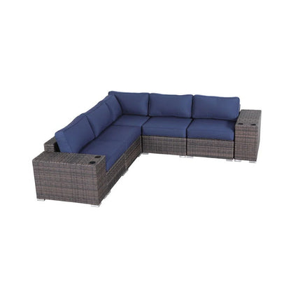 Rattan Wicker 4 Person Seating Group With Cushions Stylish &amp; Comfortable Outdoor Lounge Set - Brown / Navy Blue