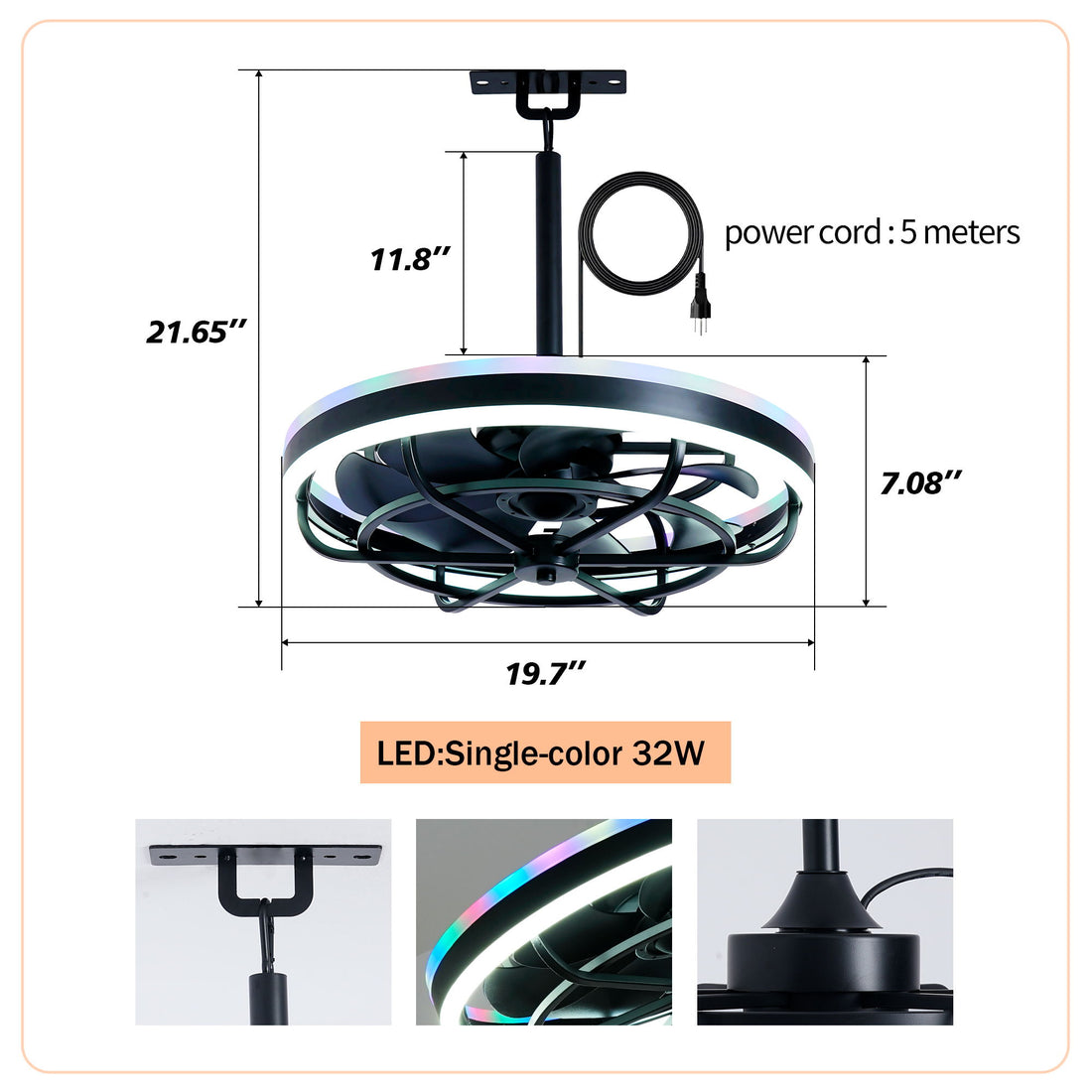Ceiling Fan Light LED Light Source And Remote Control, 3000 - 6500K Dimmable LED Fan Light, 6 Speeds, For Living Room - Matte Black