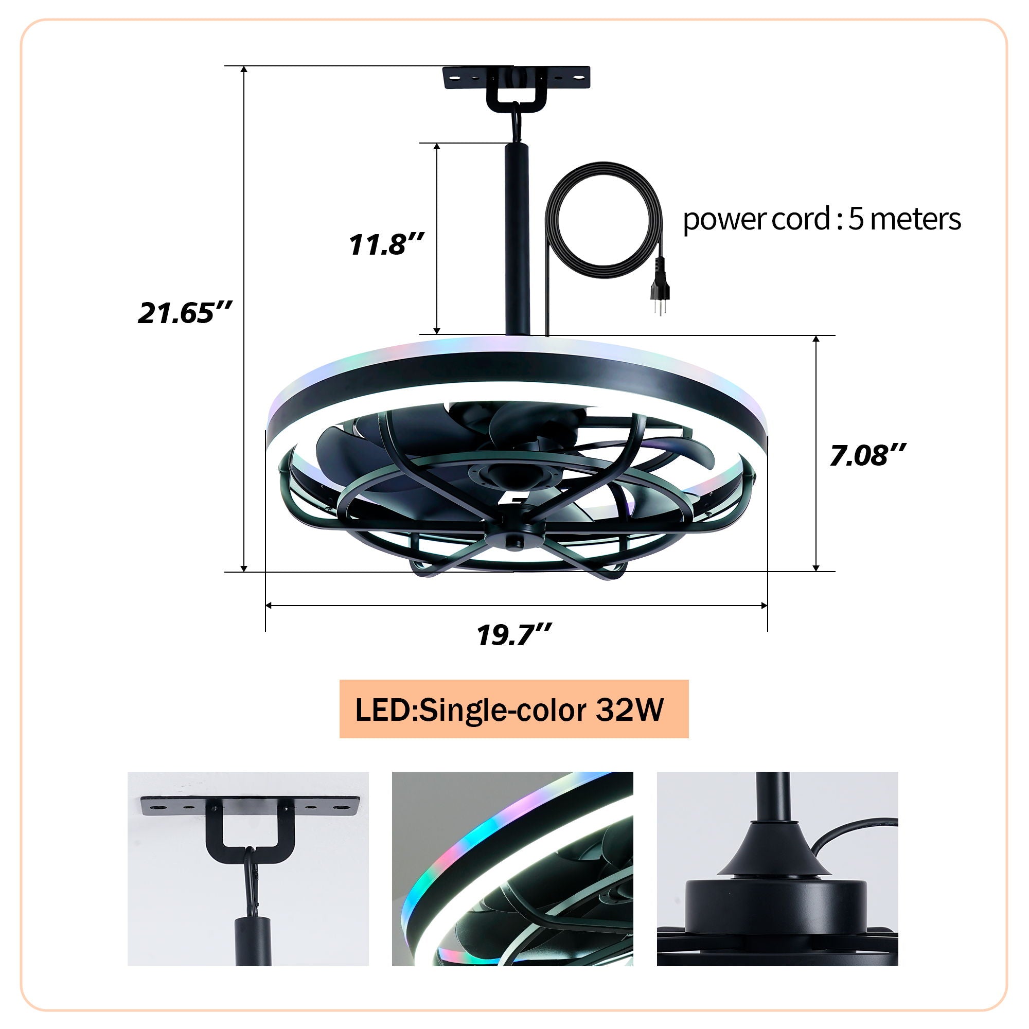 Ceiling Fan Light LED Light Source And Remote Control, 3000 - 6500K Dimmable LED Fan Light, 6 Speeds, For Living Room - Matte Black