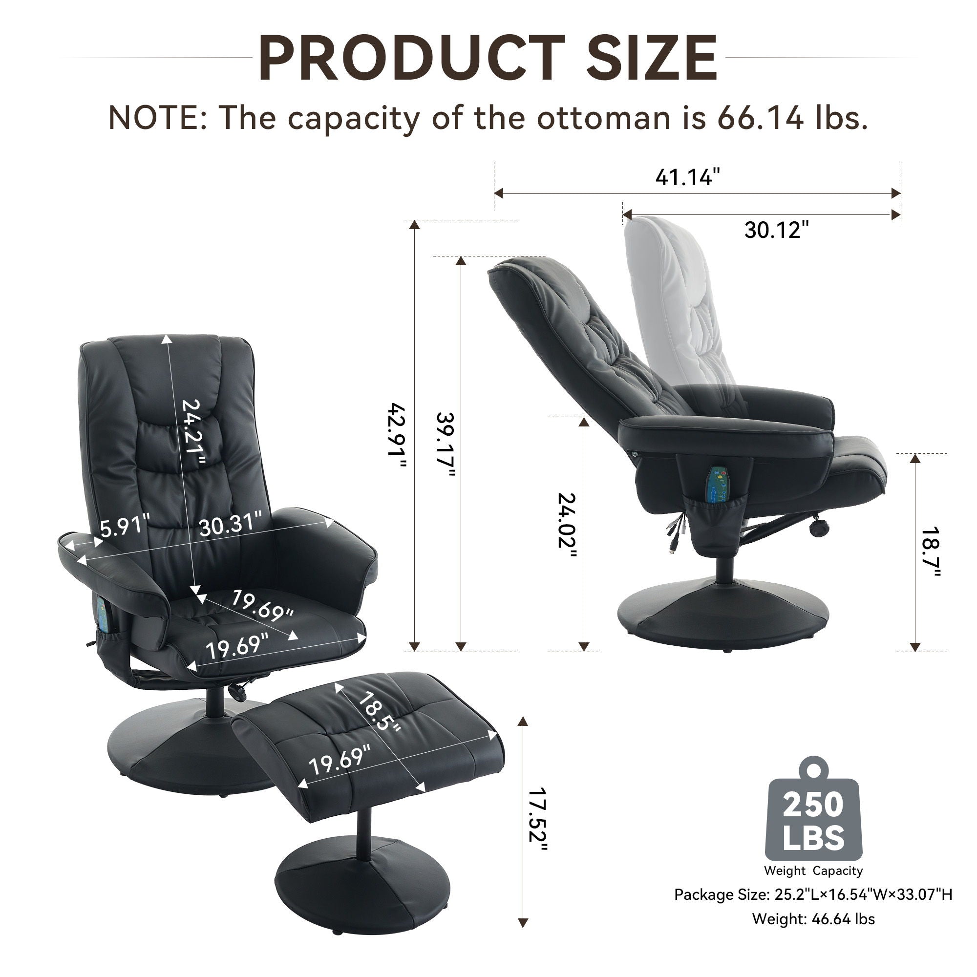 Recliner Chair With Ottoman, 360° Swivel Massage Lounge Chair With 5-Point Vibration &amp; Heated Seat