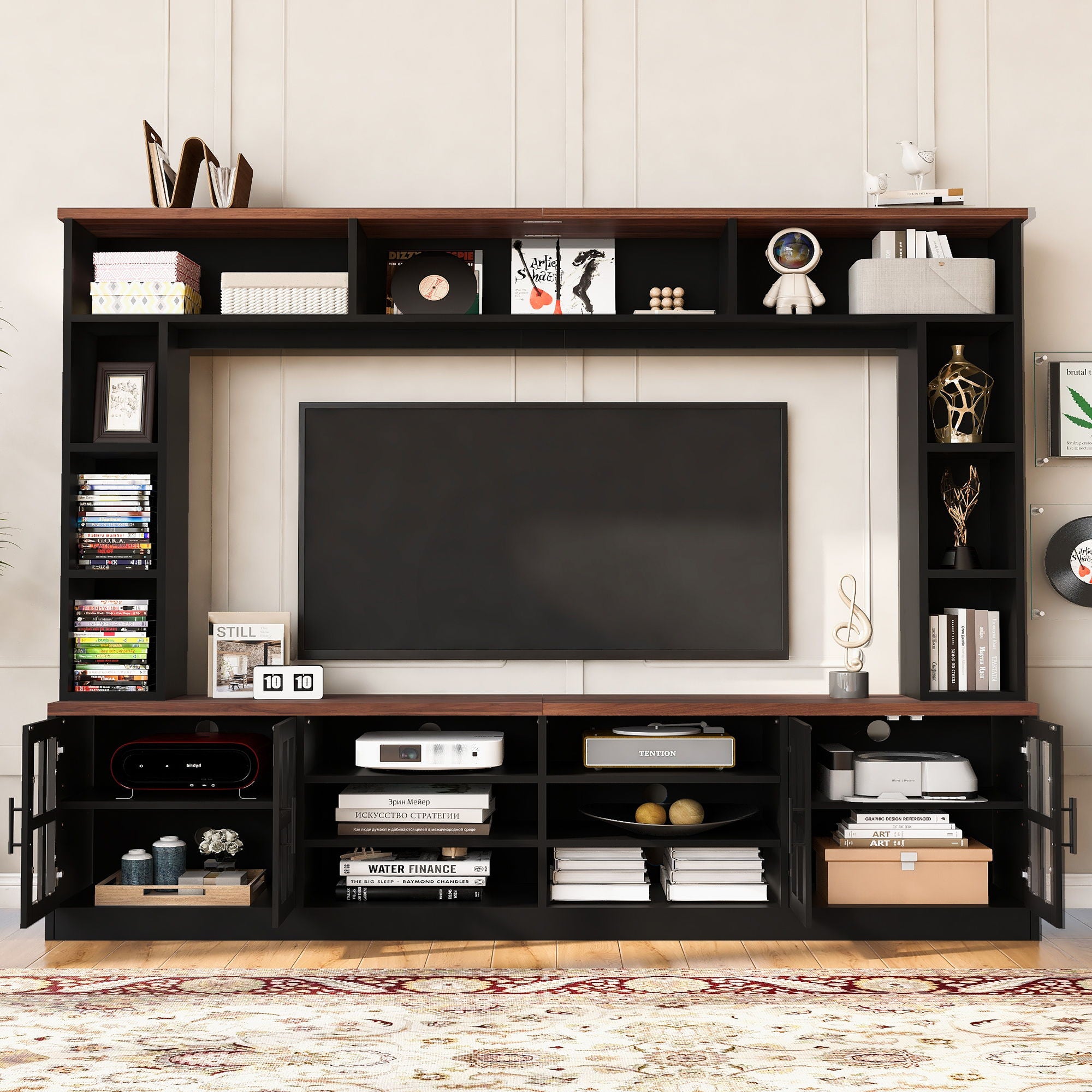 Wall Unit Entertainment Center With Bookshelves For TVs Up To 80&quot;, Tempered Glass Doors And Adjustable Shelves