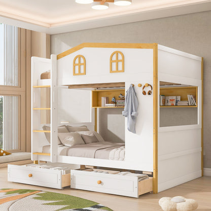 Twin Over Twin Bunk Bed With House Shaped Guardrails, Storage Shelves &amp; Drawers - White / Natural