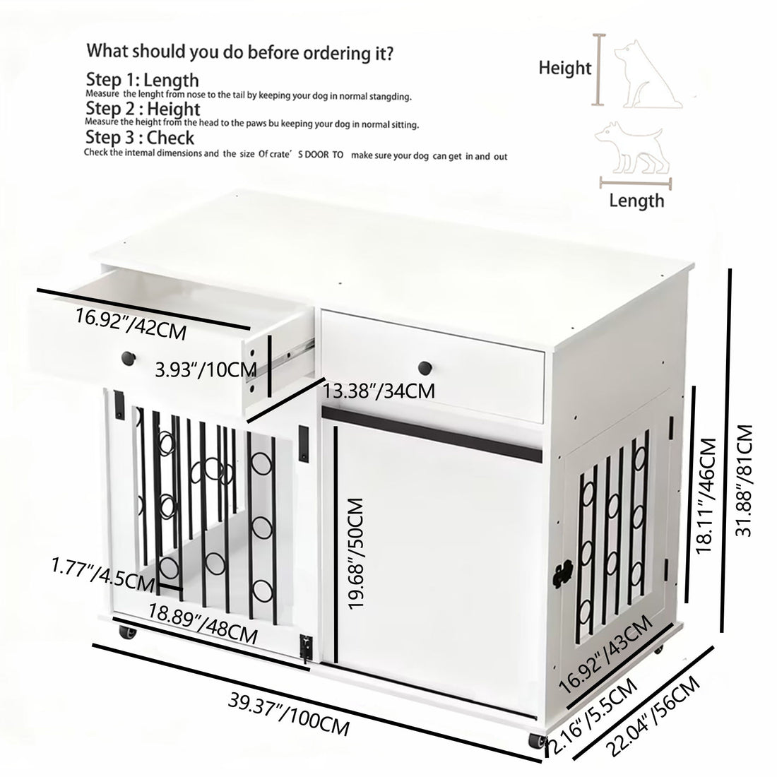 Dog Crate Furniture With Double Drawers And Sliding Barn Door, Pet Kennel For Small To Medium Dogs - White