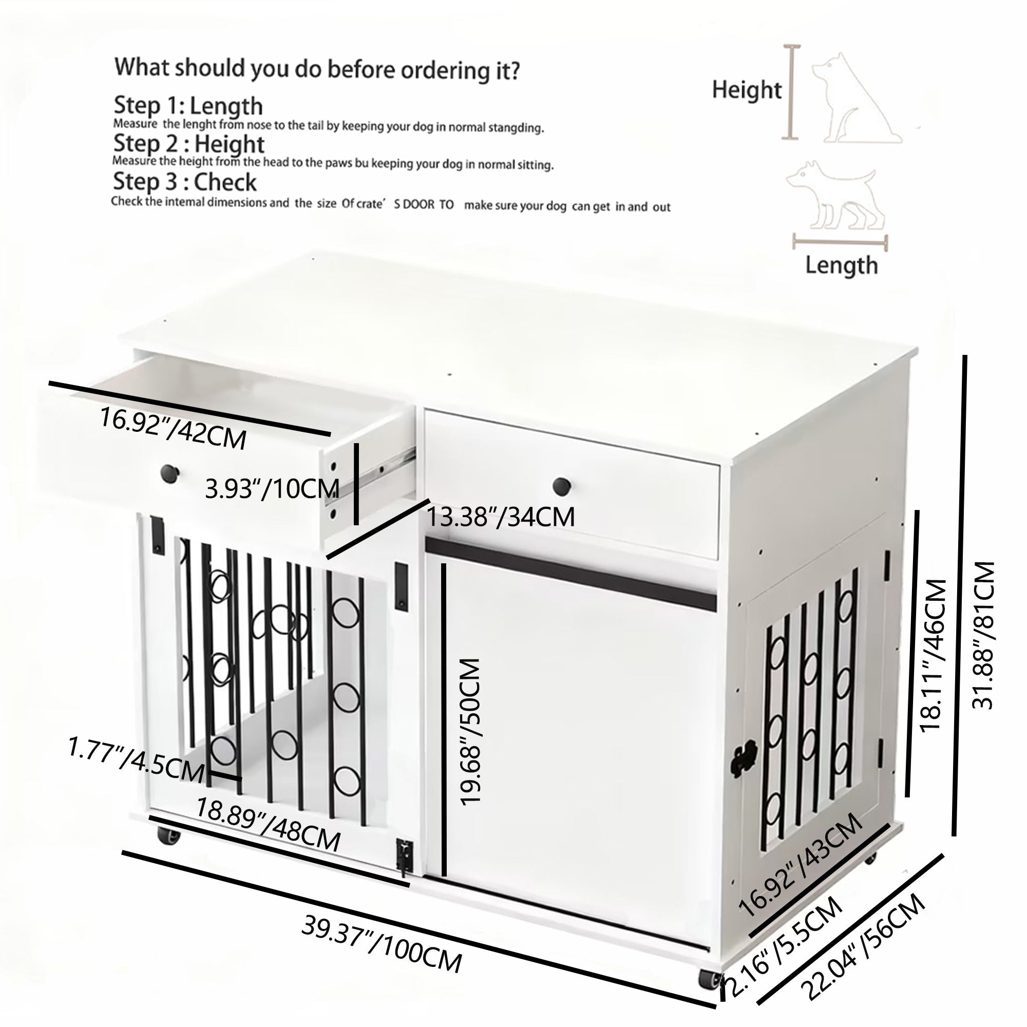 Dog Crate Furniture With Double Drawers And Sliding Barn Door, Pet Kennel For Small To Medium Dogs - White