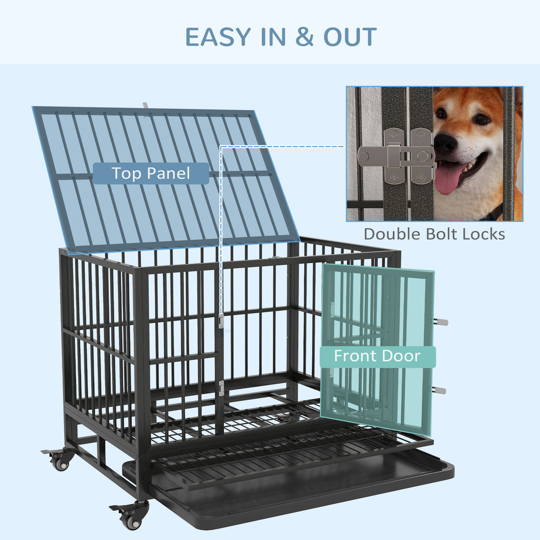 Pawhut - 36&quot; Heavy Duty Dog Crate Metal Cage Kennel With Lockable Wheels, Double Door And Removable Tray - Gray