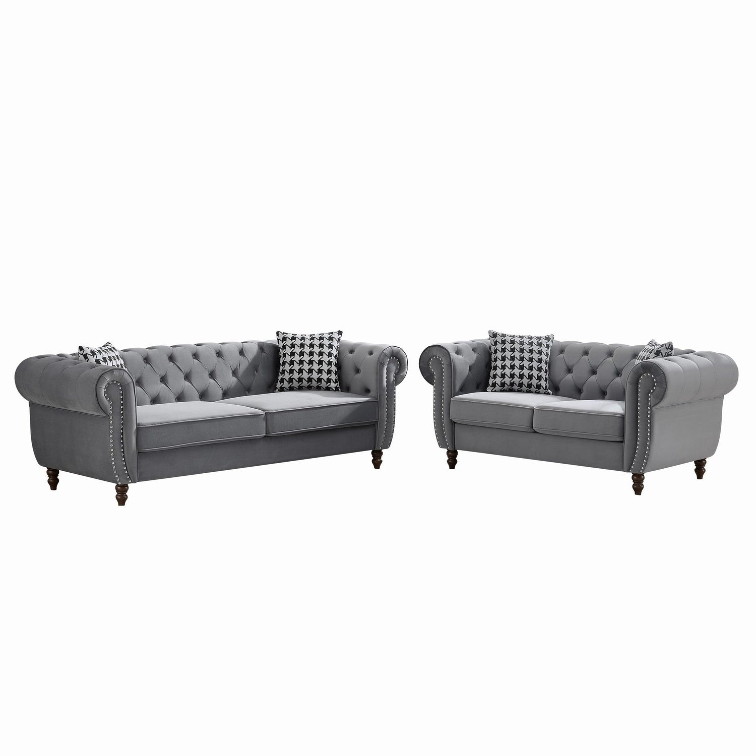 Chesterfield 3 And 2 Seater Velvet Upholstery Sofa With Roll Armrest &amp; Nailhead Fabric Couch