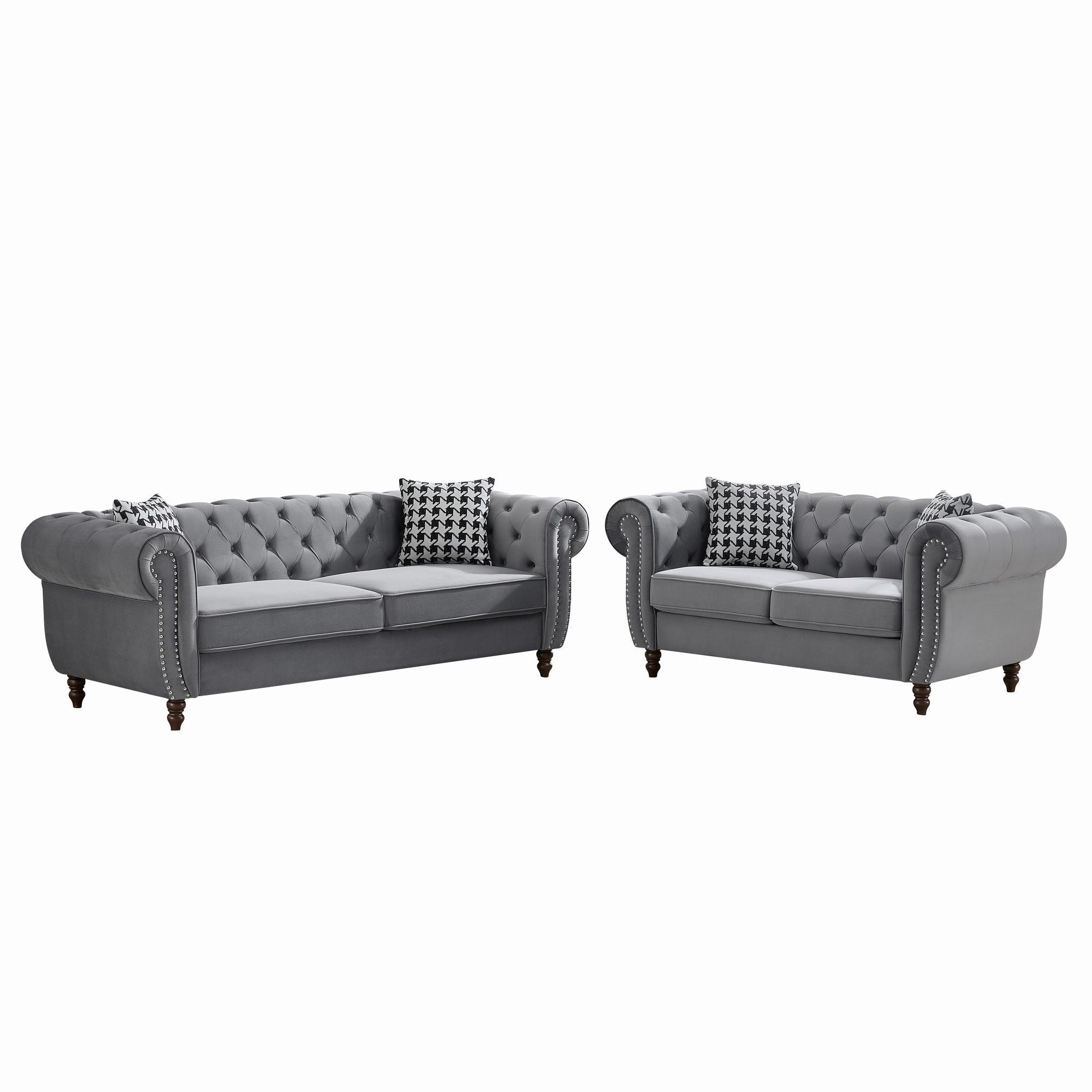 Chesterfield 3 And 2 Seater Velvet Upholstery Sofa With Roll Armrest &amp; Nailhead Fabric Couch