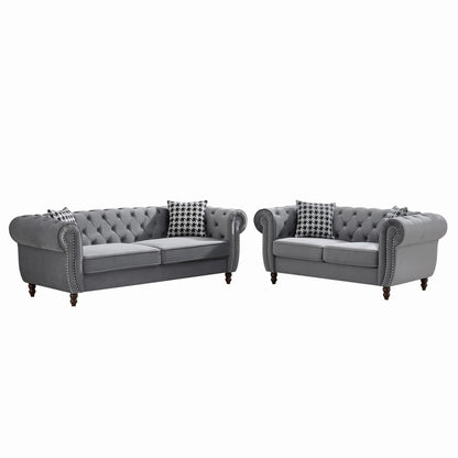 Chesterfield 3 And 2 Seater Velvet Upholstery Sofa With Roll Armrest &amp; Nailhead Fabric Couch
