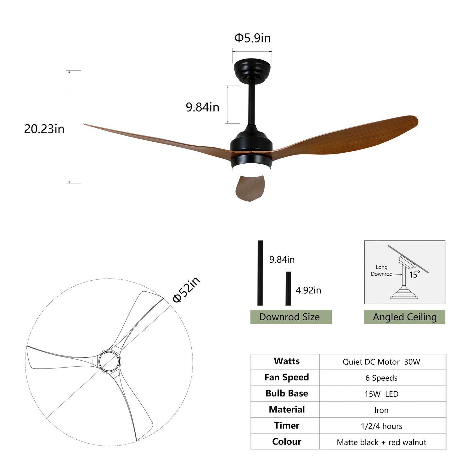 Ceiling Fan With Lights Quiet DC Motor 3 Blade Ceiling Fans 6 Speed Levels, Reversible Ceiling Fan - Matte Black / Wood
