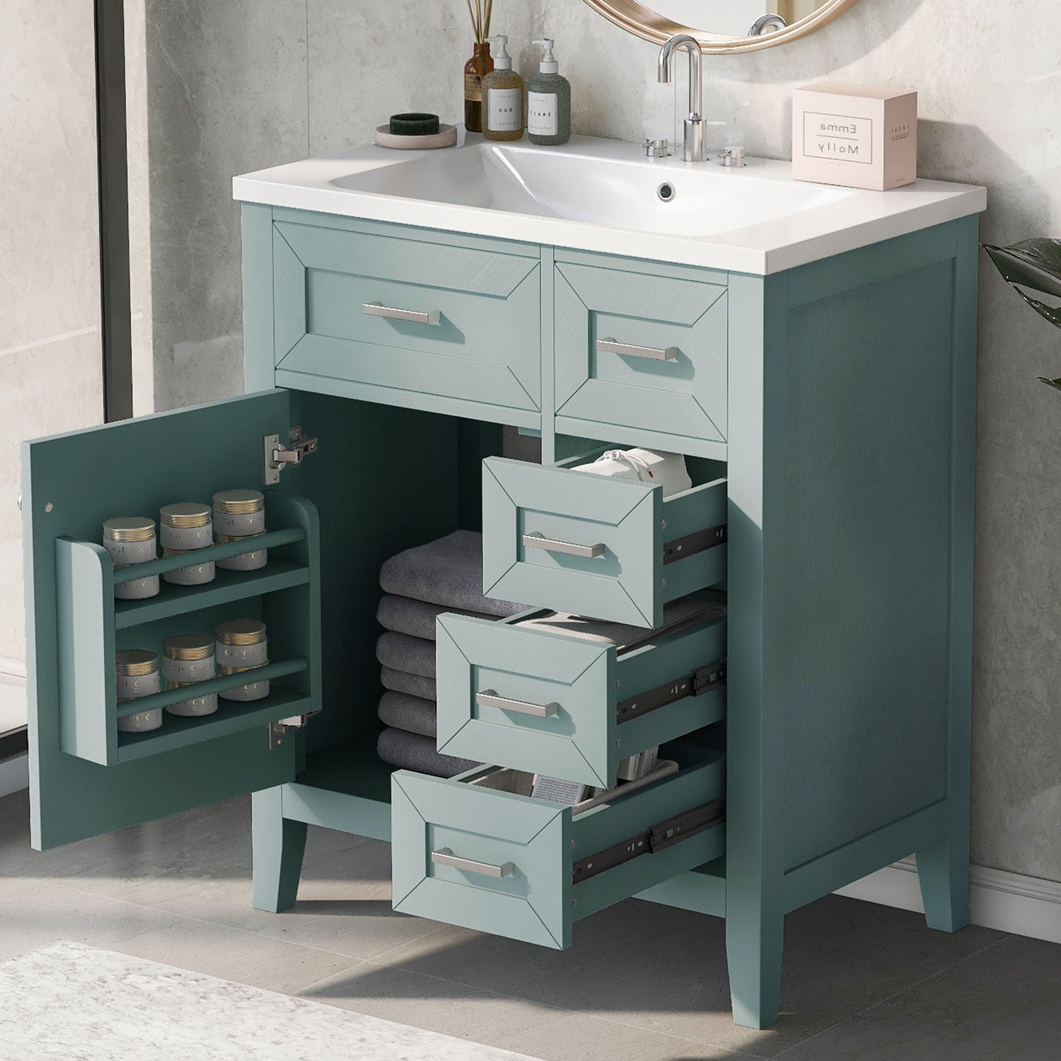 30&quot; Bathroom Vanity With Sink Combo, Bathroom Cabinet With Drawers - Green