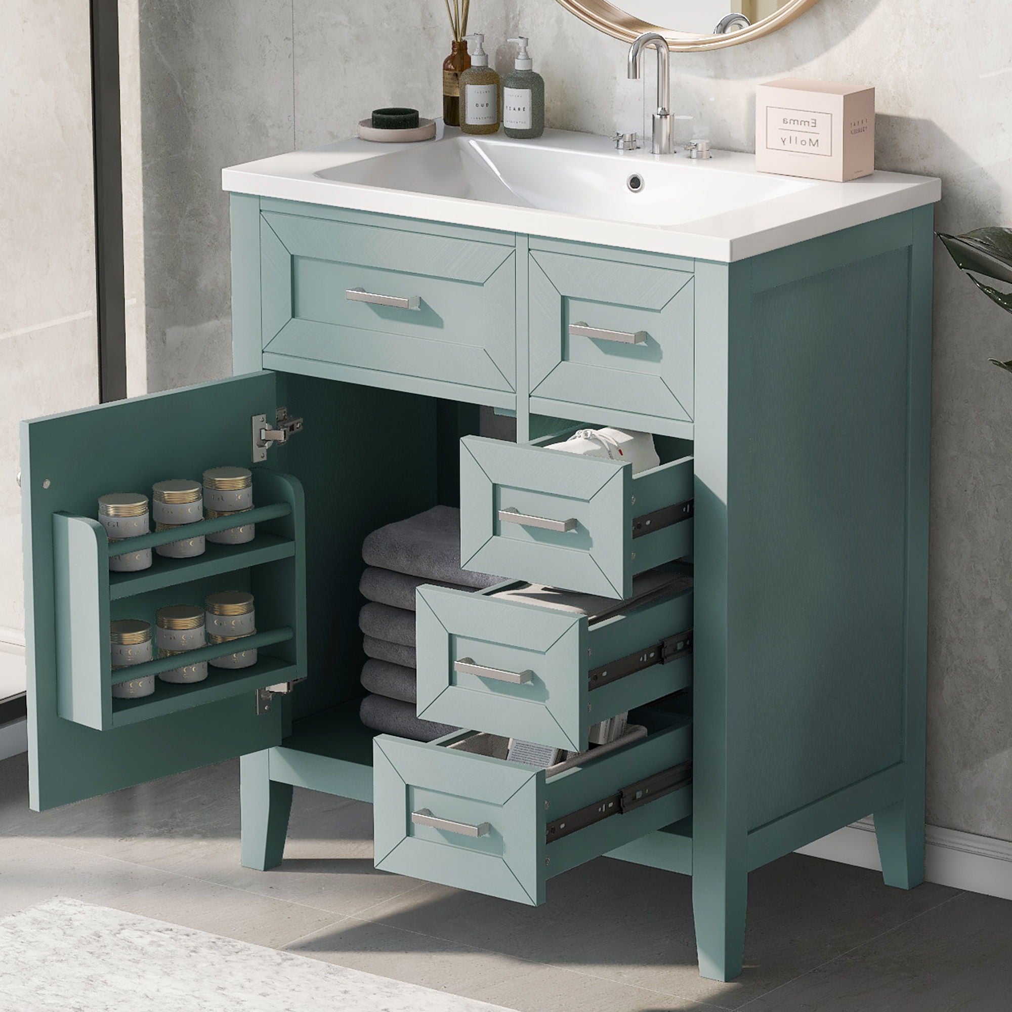 30&quot; Bathroom Vanity With Sink Combo, Bathroom Cabinet With Drawers - Green