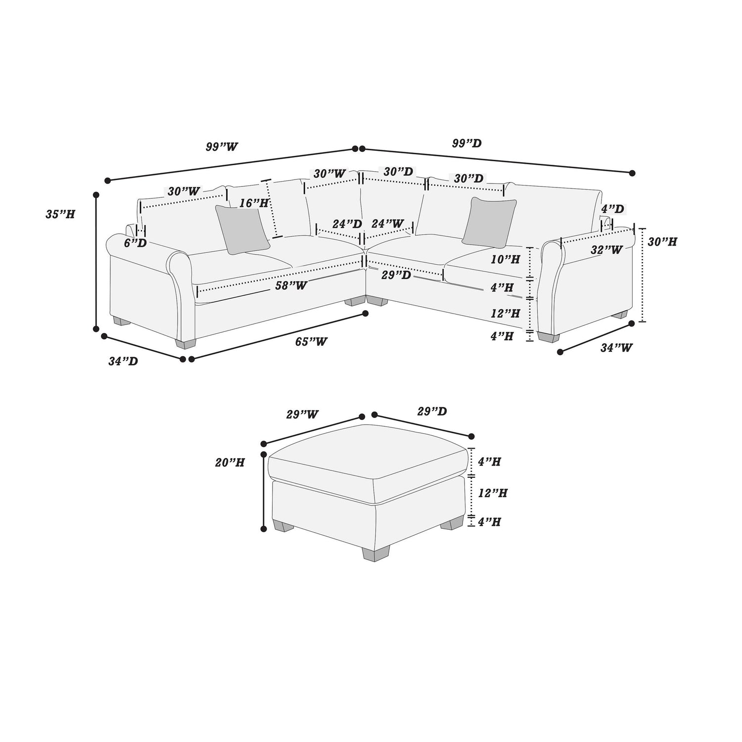 Modern Sectional Set With Corner Wedge, Loveseat, Ottoman &amp; 2 Pillows
