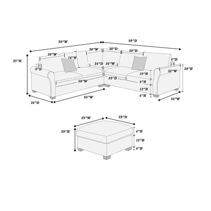 Modern Sectional Set With Corner Wedge, Loveseat, Ottoman &amp; 2 Pillows