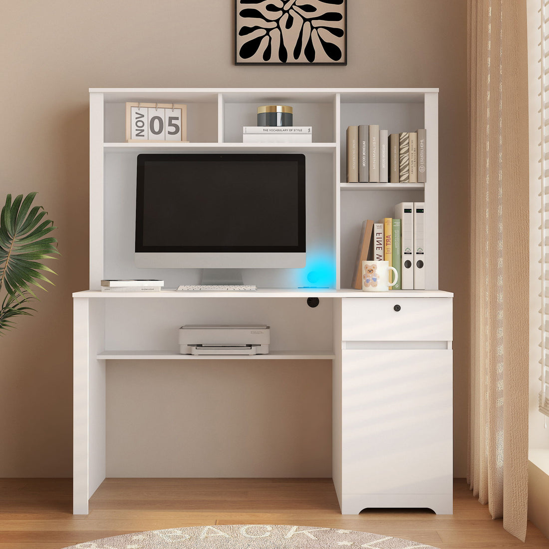 Computer Desk With Hutch &amp; Bookshelf, Wood Executive Desk Teens Student Desk Writing Laptop Home Office Desk With Drawers, 3 Ac Outlets And 2 USB Charging Ports, Study Laptop Table For Home - White