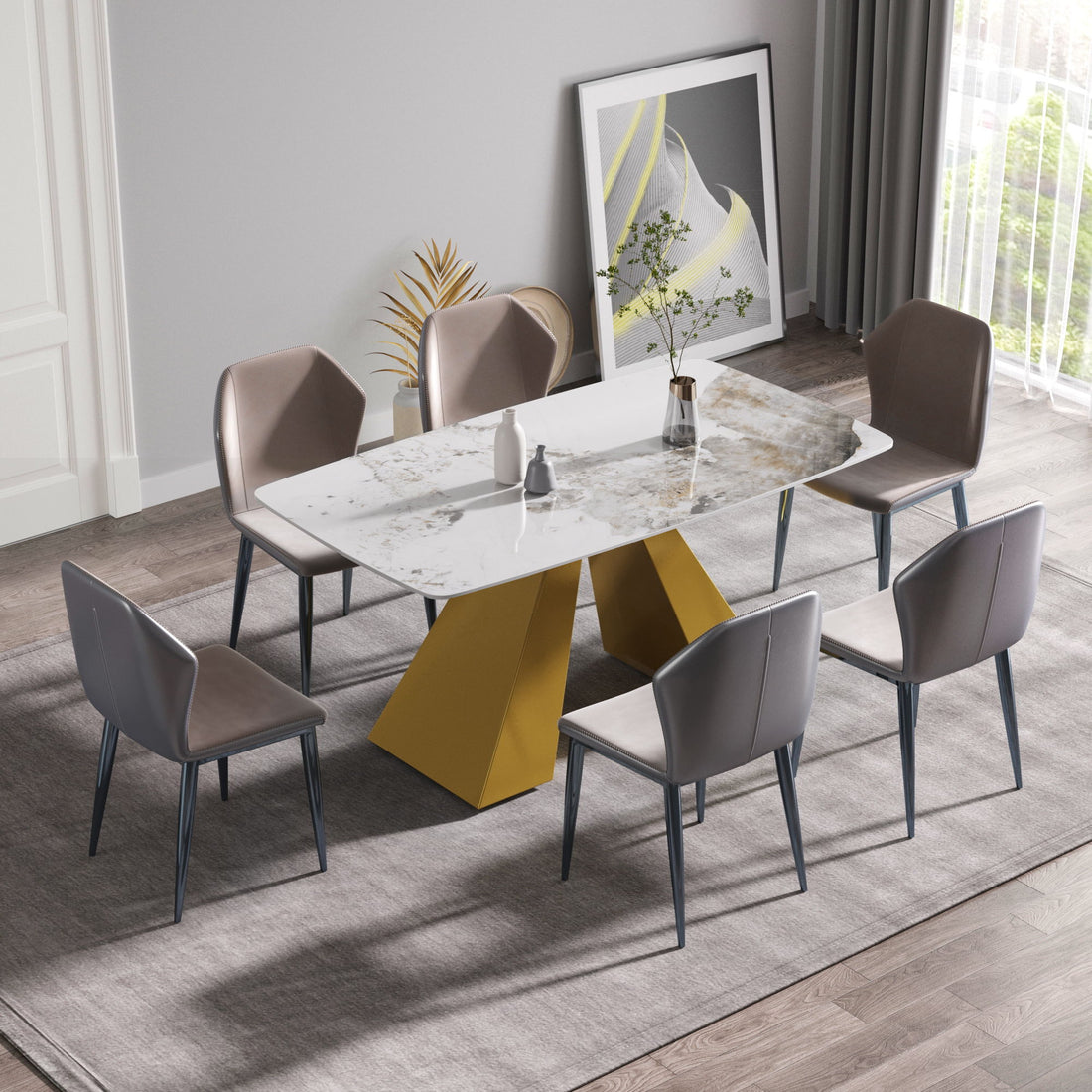 63&quot; Modern Artificial Stone Pandora White Curved Metal Leg Dining Table, 6 People - Antique White / Gold