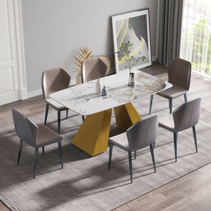 63&quot; Modern Artificial Stone Pandora White Curved Metal Leg Dining Table, 6 People - Antique White / Gold