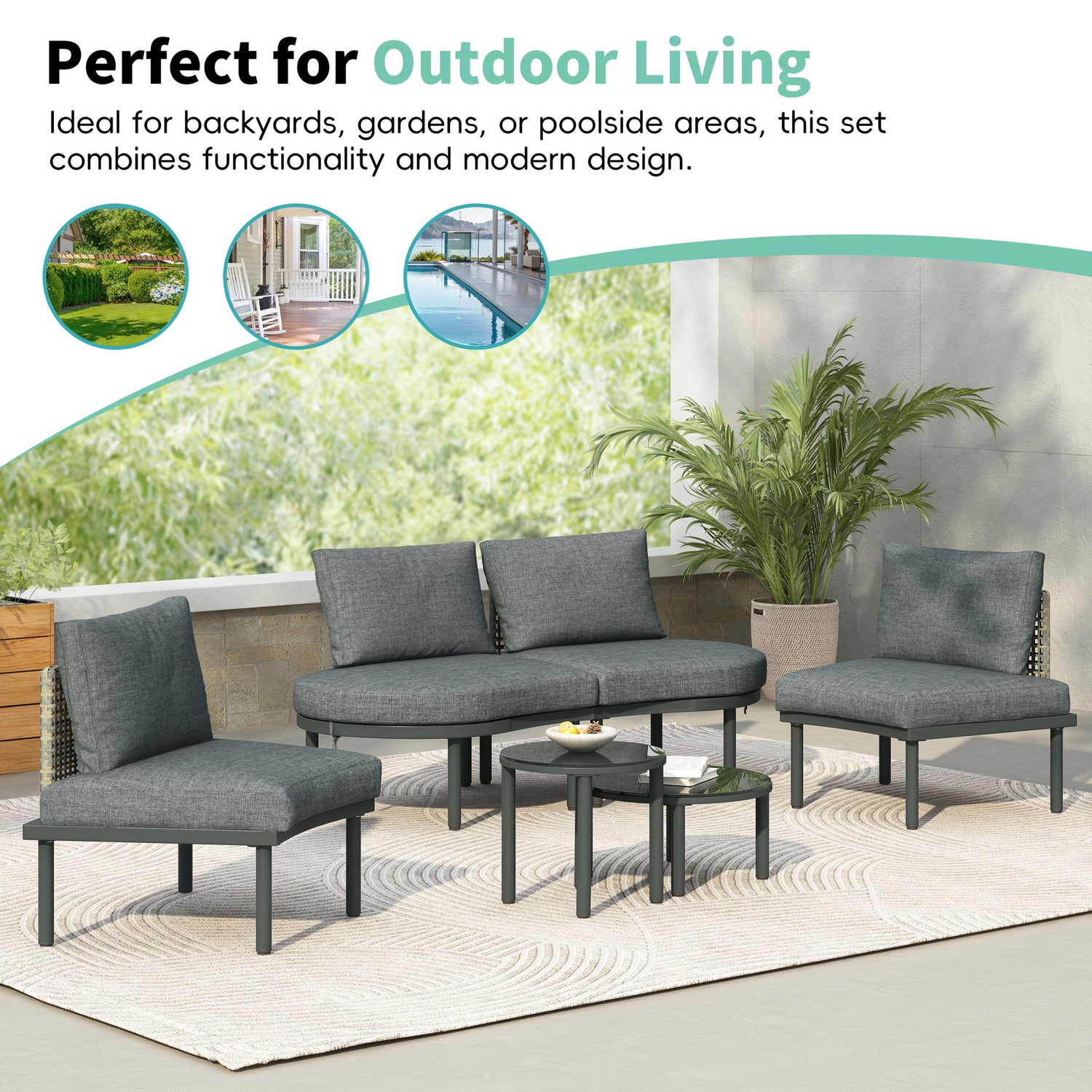 6 Piece Patio Set, Half Moon Outdoor Sectional Sofa With 2 High Low Coffee Tables, 4 Pillows &amp; Cushions