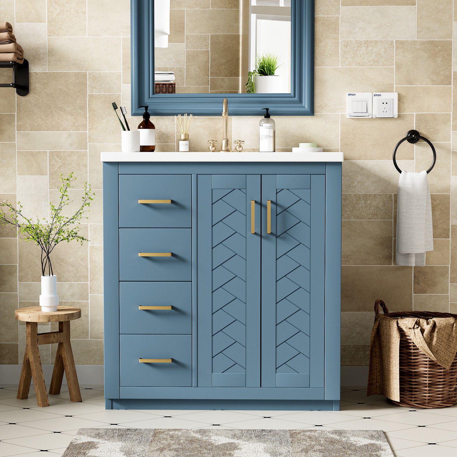 Ceramic Sink Combo, Freestanding Vanity Set With 3 Drawers &amp; Soft Closing Doors