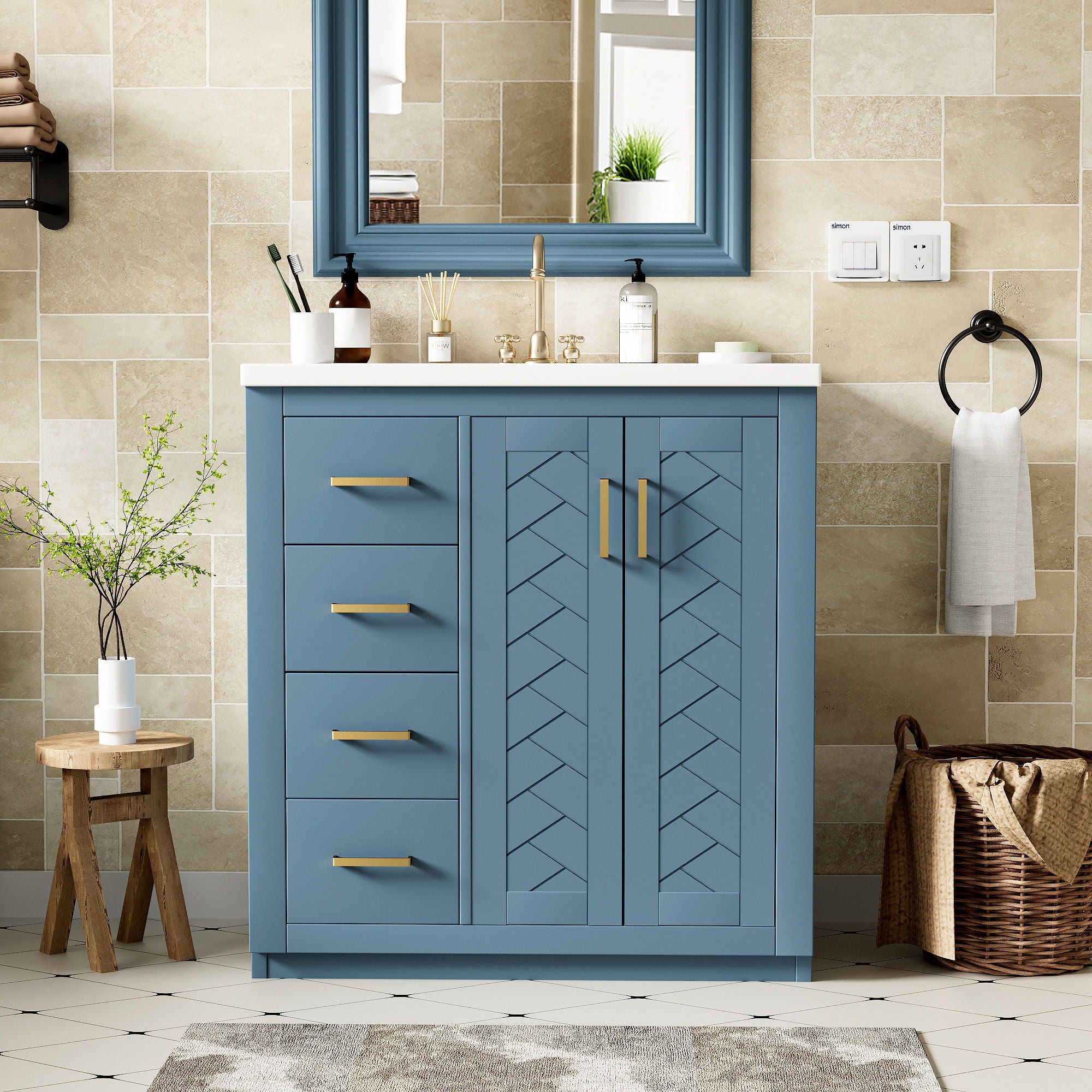 Ceramic Sink Combo, Freestanding Vanity Set With 3 Drawers &amp; Soft Closing Doors