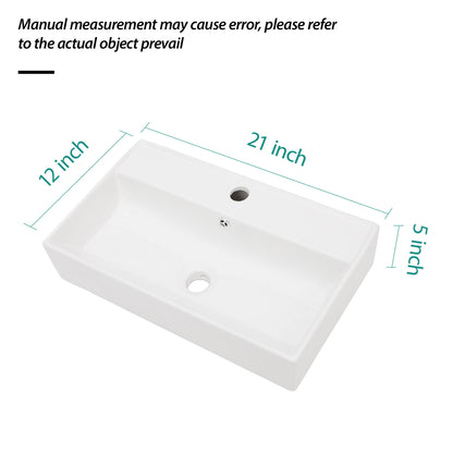 Modern Ceramic Rectangular Wall Mounted Bathroom Sink With Faucet Hole &amp; Overflow