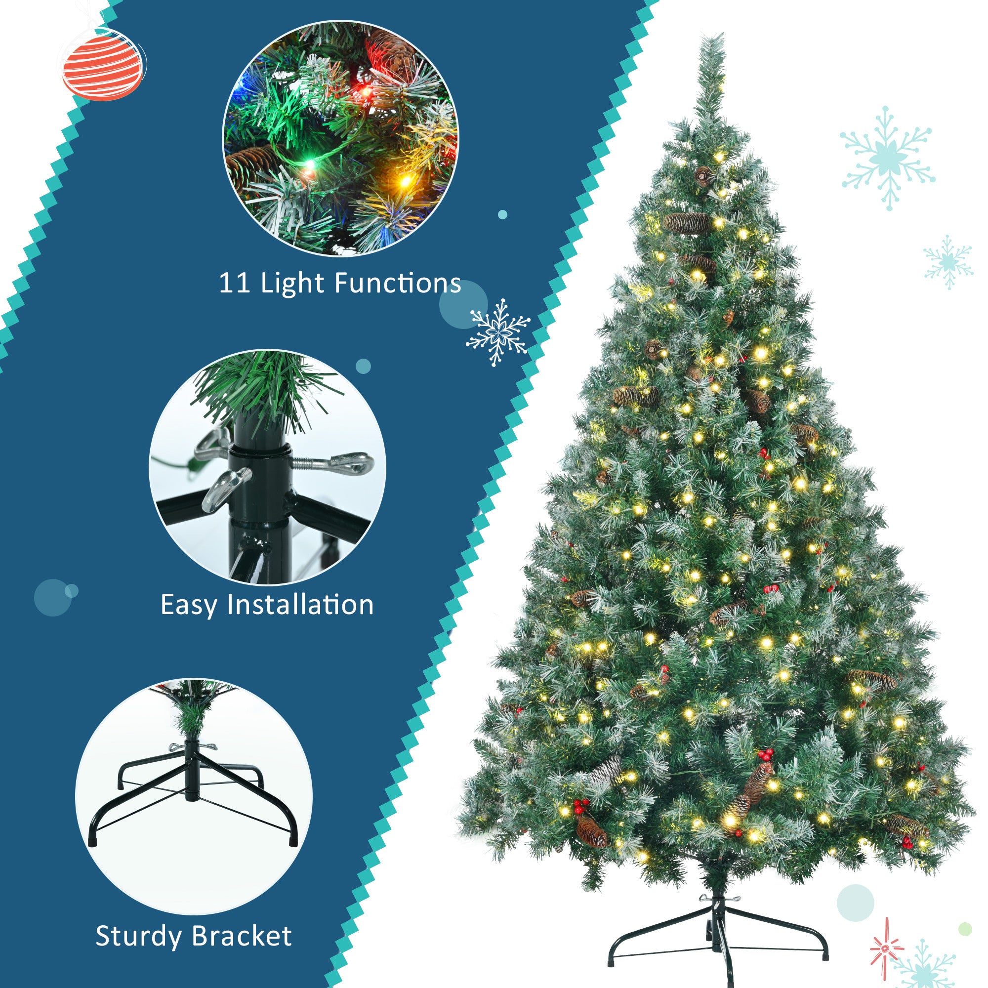 6FT Dark Green Pine Christmas Tree, Pre-Lit Set with Tree &amp; Garland &amp; Wreath, Hinged Artificial Xmas Tree with White Tips, Red Berries and Pine Cones, 11 Colorful Modes, Indoor Holiday Decoration