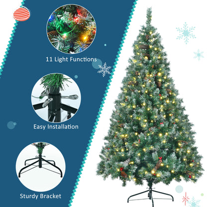 6FT Dark Green Pine Christmas Tree, Pre-Lit Set with Tree &amp; Garland &amp; Wreath, Hinged Artificial Xmas Tree with White Tips, Red Berries and Pine Cones, 11 Colorful Modes, Indoor Holiday Decoration