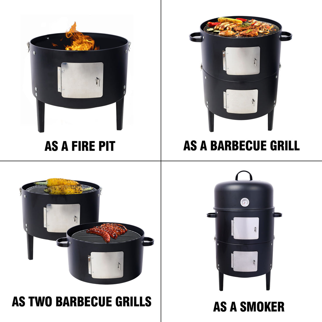 Heavy Duty Round Bbq Grill 17&quot; Steel Charcoal Smoker For Outdoor Cooking - Black