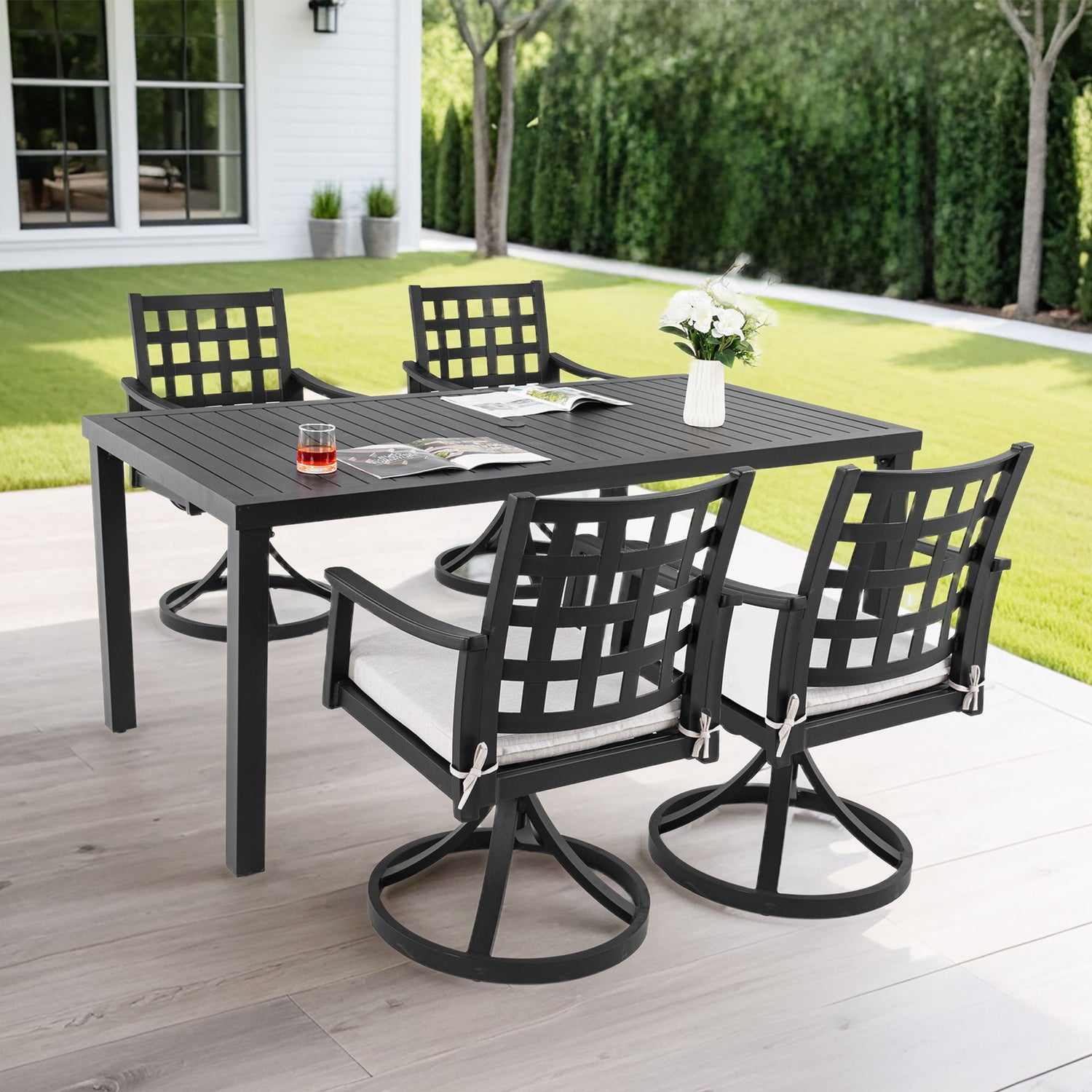 Modern Classic Outdoor Patio Dining Set, Rectangular Table &amp; Dining Chairs, Rust Free, Weather Resistant