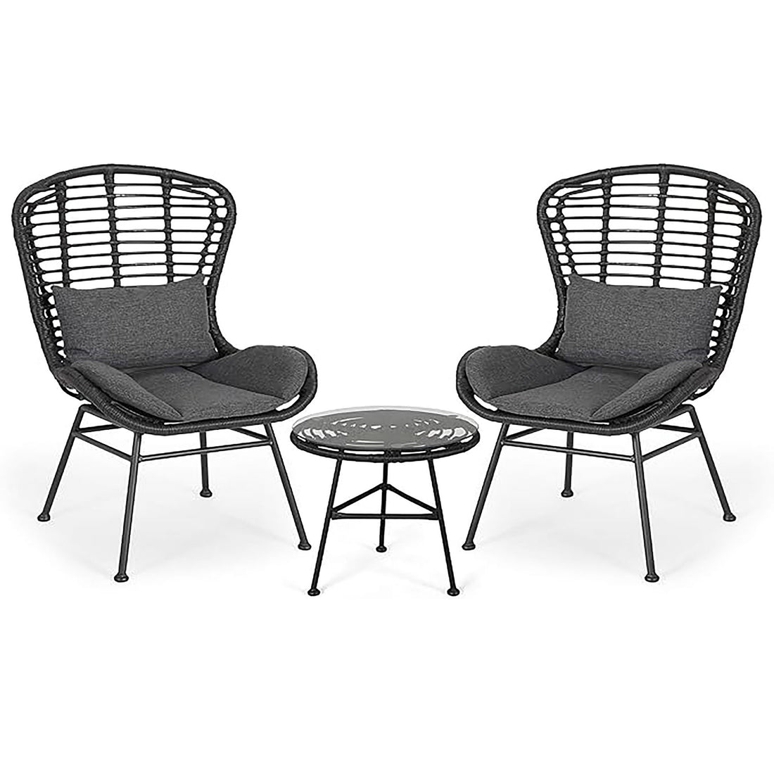Cowan - Outdoor Wicker And Glass 3 Piece Chat Set With Cushions - Gray