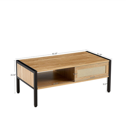 40.16&quot; Rattan Coffee Table, Sliding Door For Storage, Metal Legs, Modern Table For Living Room
