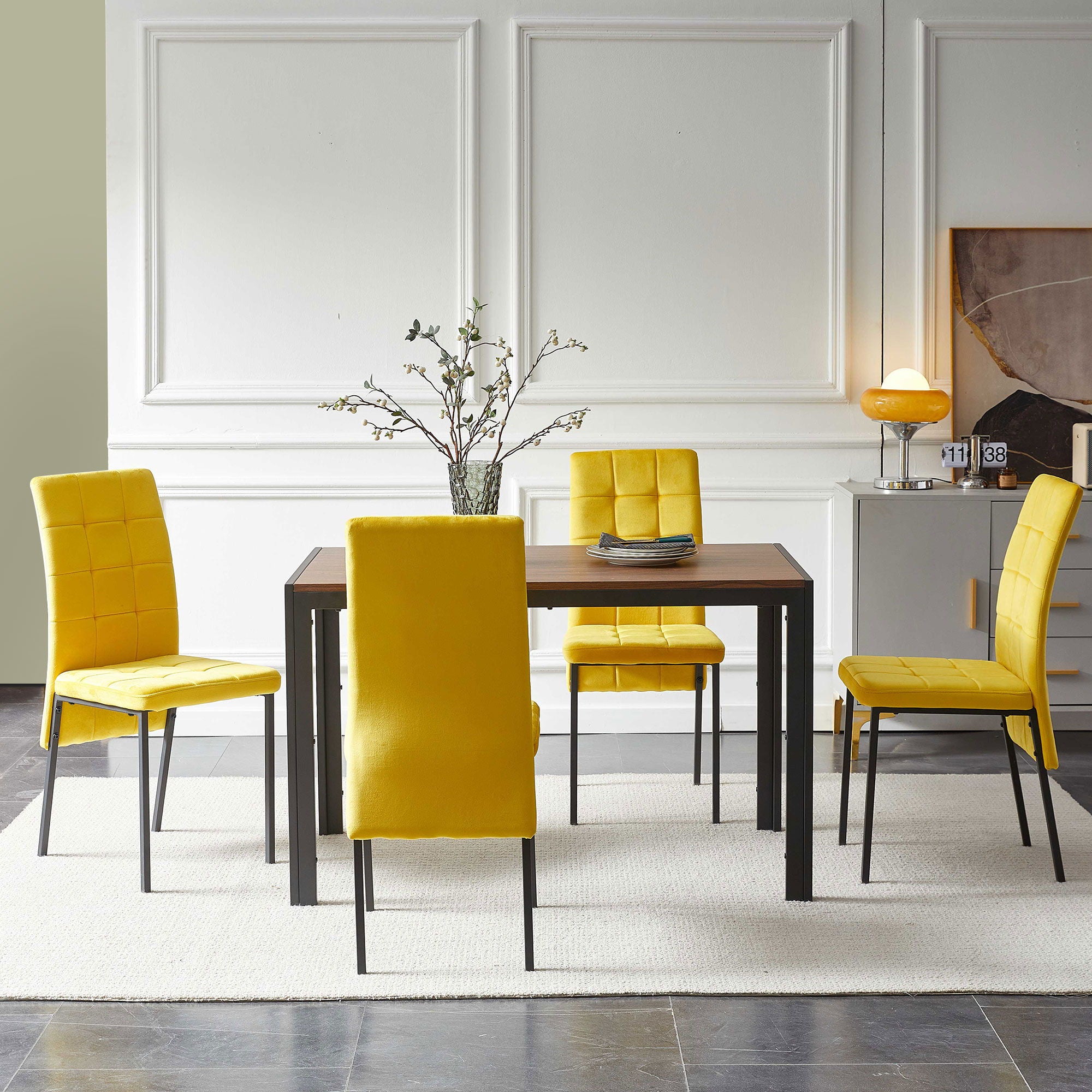 5 Piece Dining Set Including Velvet High Back Nordic Dining Chair &amp; Creative Design Dining Table