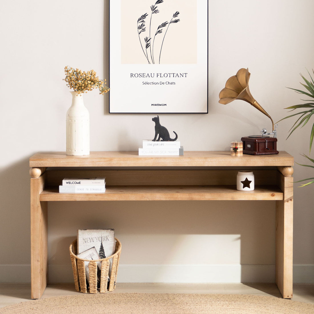 Modern Rustic Console Table, Wood Entryway Table With Shelf &amp; Decorative Bead Detail - Natural