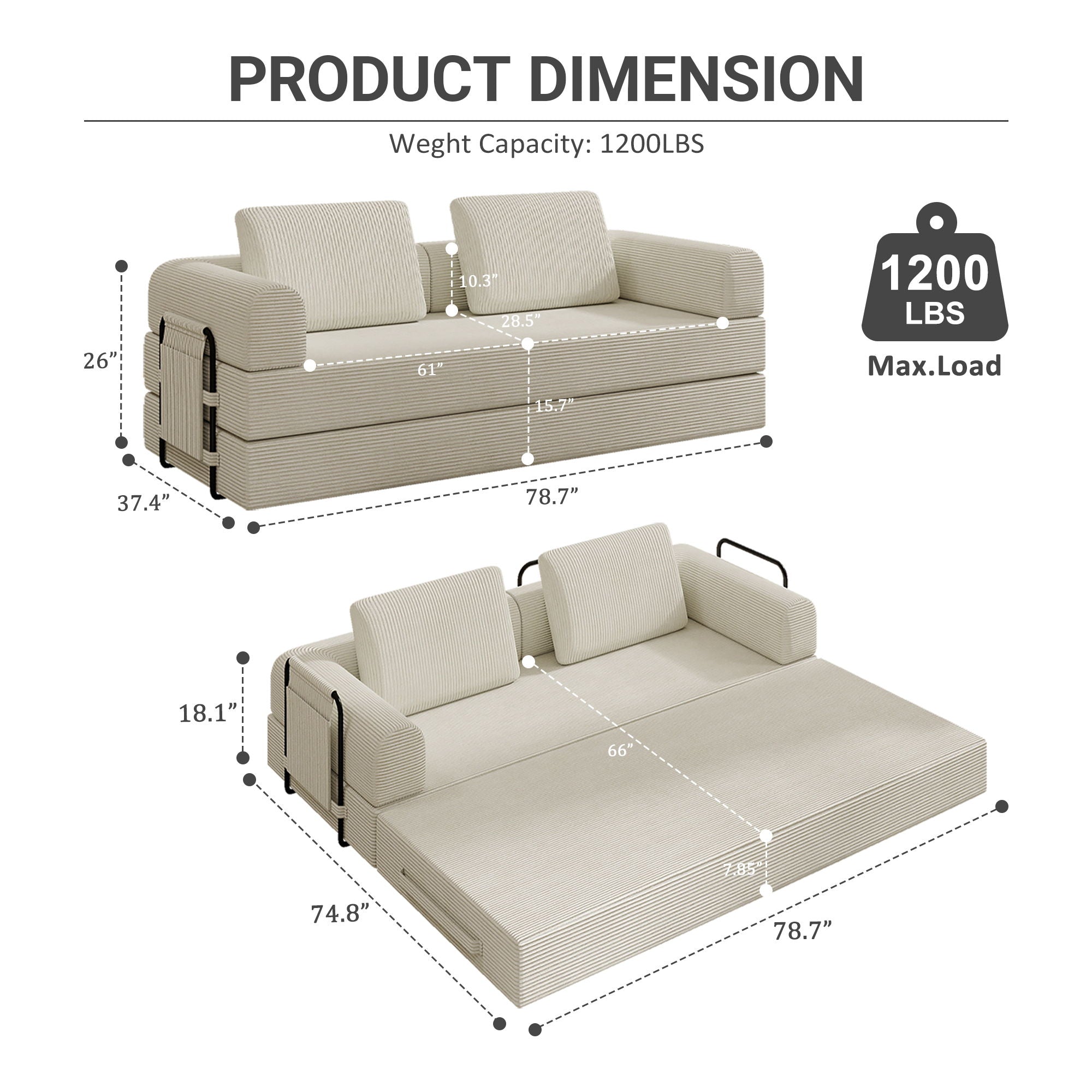 Convertible Sleeper Sofa Bed With Cylindrical Pillow, Fixed Shape Frame