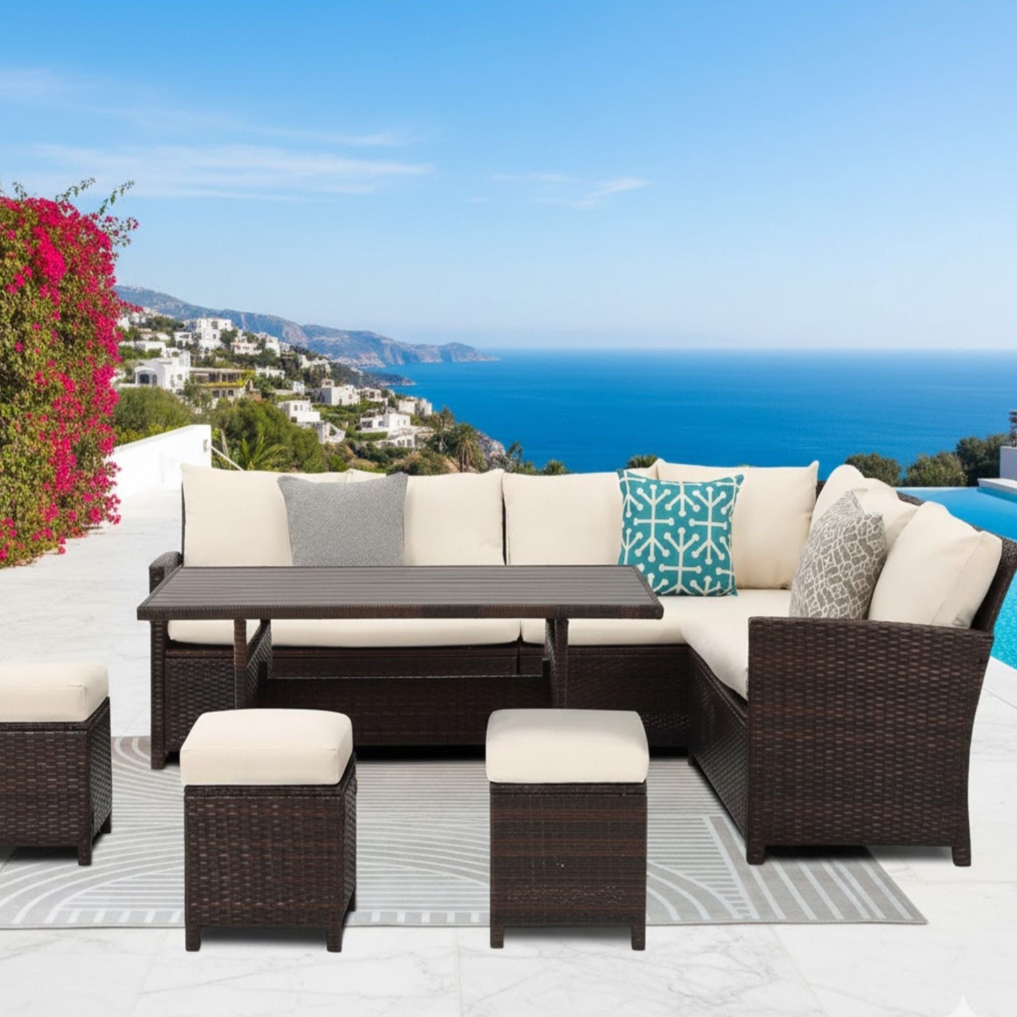 7 Piece Patio Dining Set With Cushions, Modular Sectional Sofa &amp; Storage Table