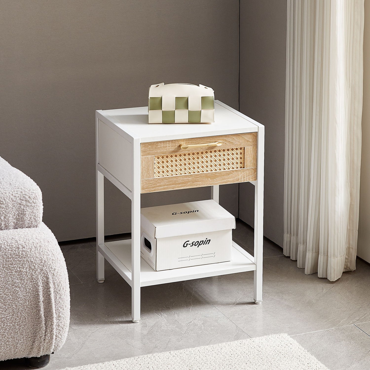 15.74&quot; Rattan End Table With Drawer, Modern Nightstand, Metal Legs, Side Table For Living Room, Bedroom