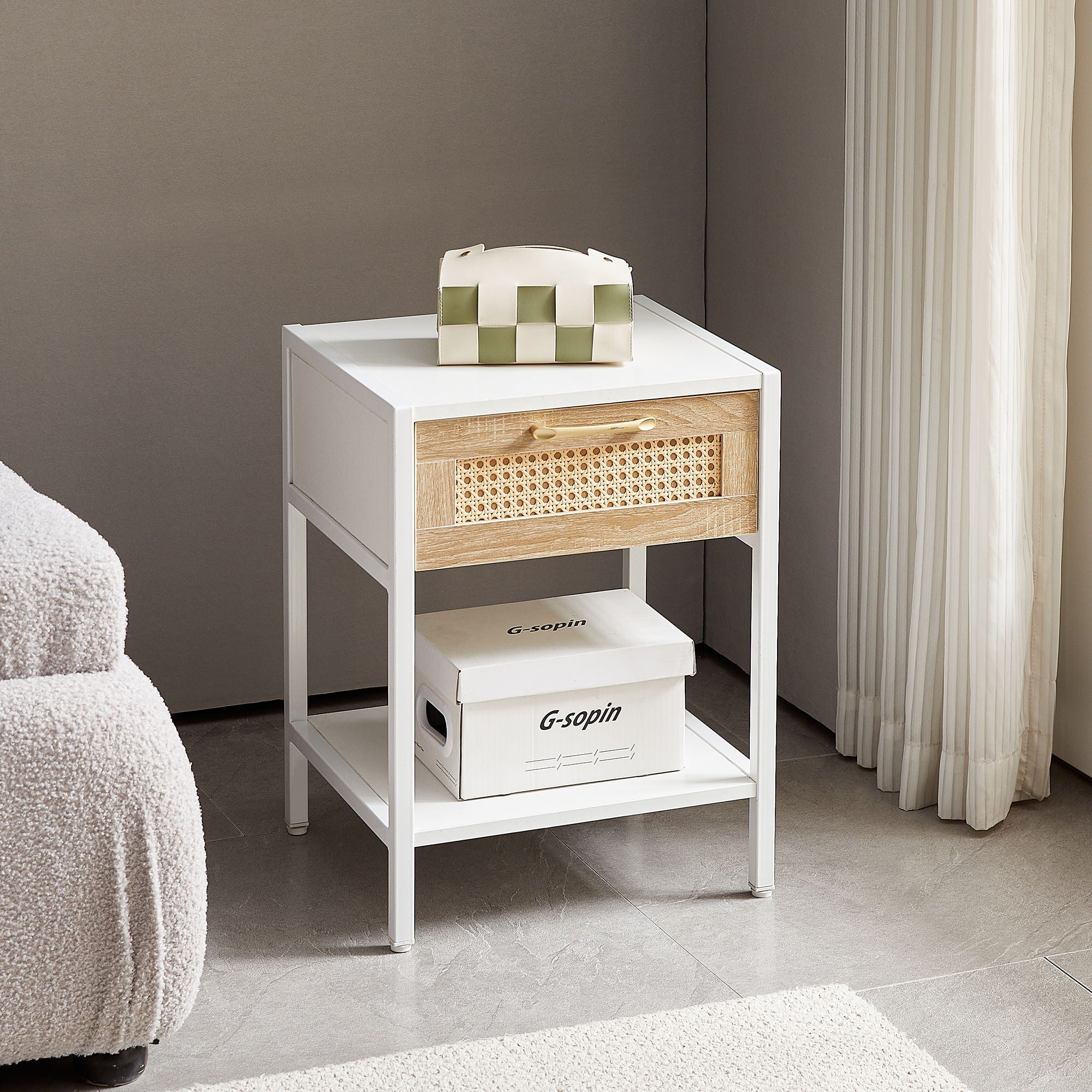 15.74&quot; Rattan End Table With Drawer, Modern Nightstand, Metal Legs, Side Table For Living Room, Bedroom