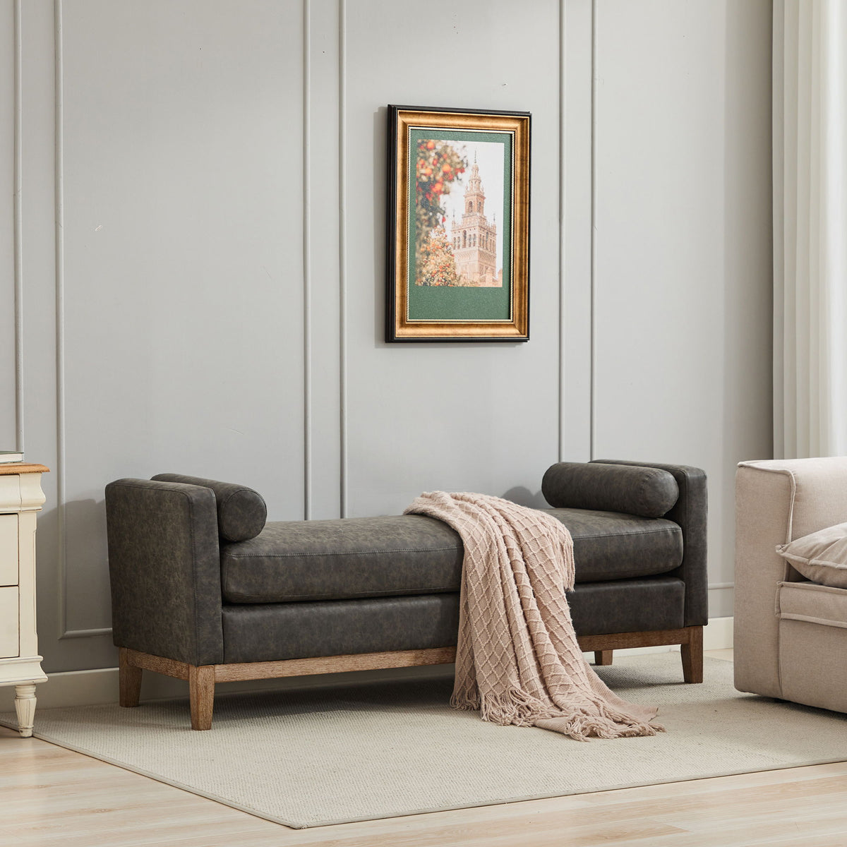 Upholstered End Of Bed Bench With Arms &amp; 2 Bolsters For Bedroom