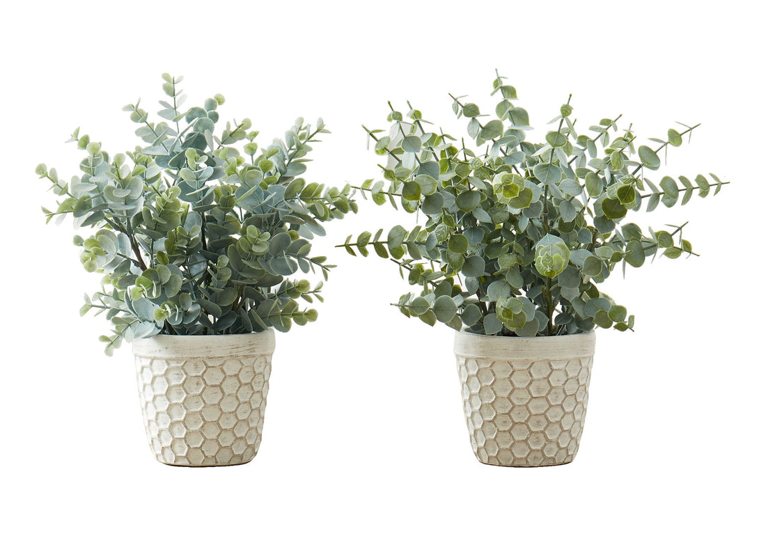 13&quot; Tall, Artificial Plant, Eucalyptus Grass, Indoor, Faux, Fake, Table, Greenery, Potted, Decorative (Set of 2) - Green / White
