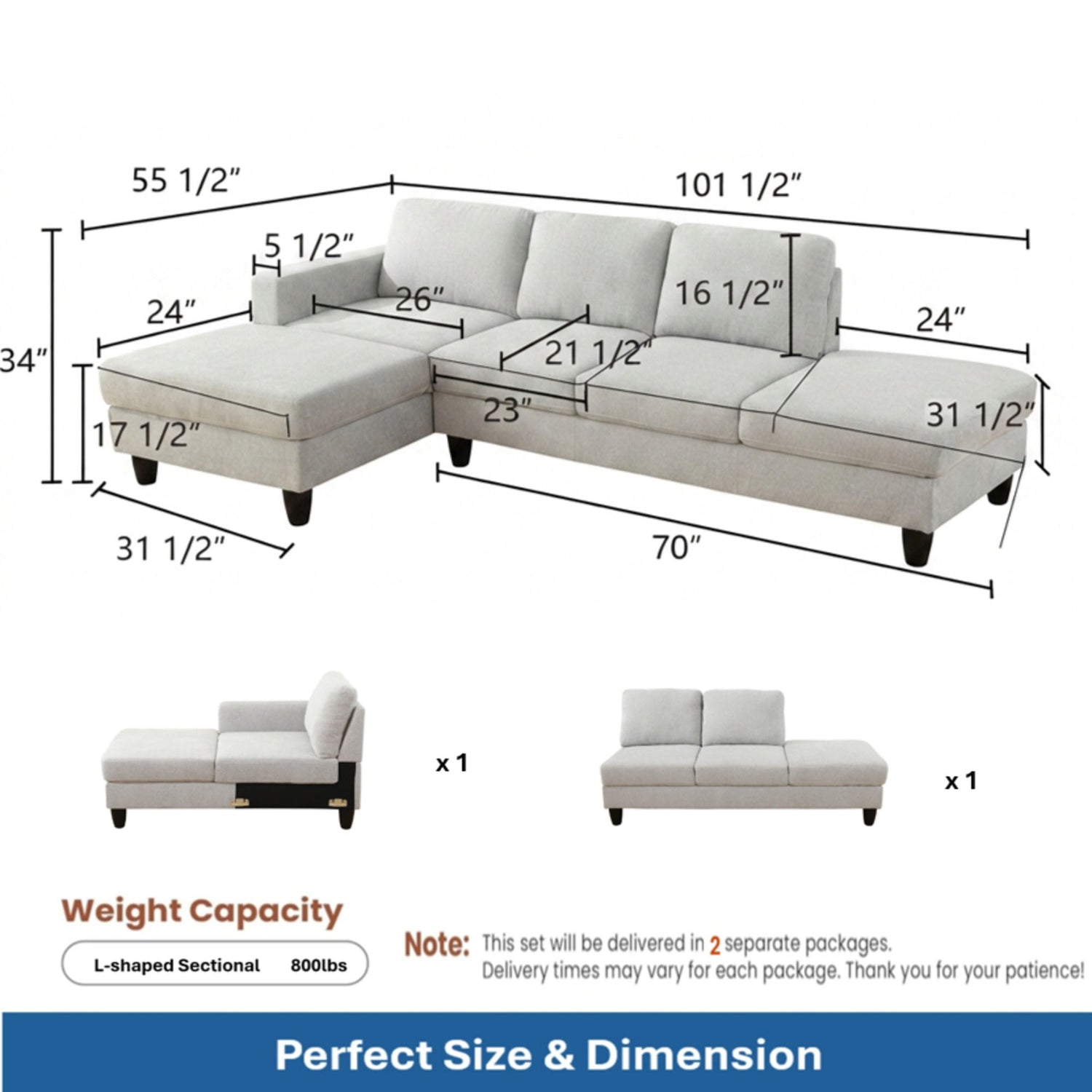 2 Piece L - Shaped Left Chaise Sectional Sofa With Ottoman, Living Room Furniture - White / Gray