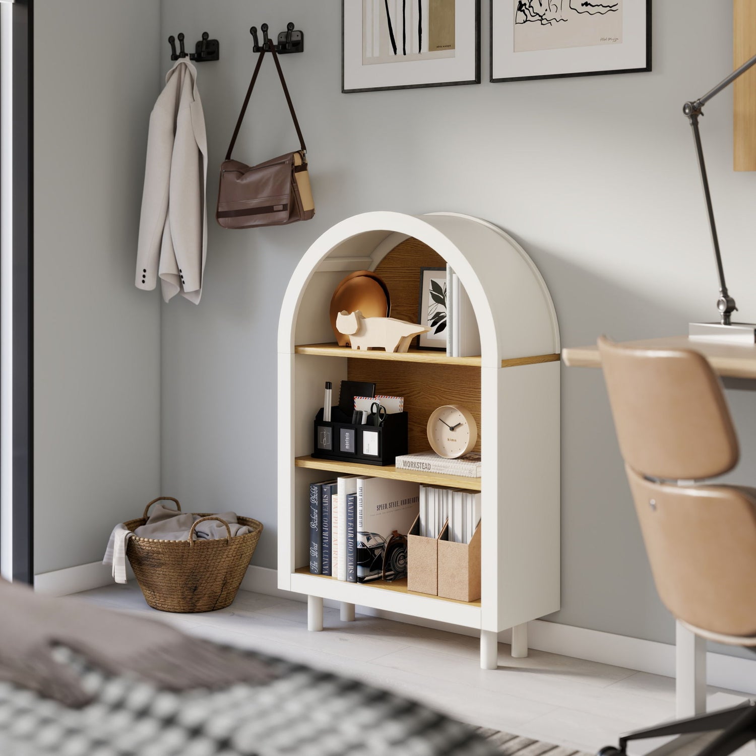 Arched Small Bookcase, Storage Cabinet, Bookshelf With 3 Shelves For Living Room - Oak / White