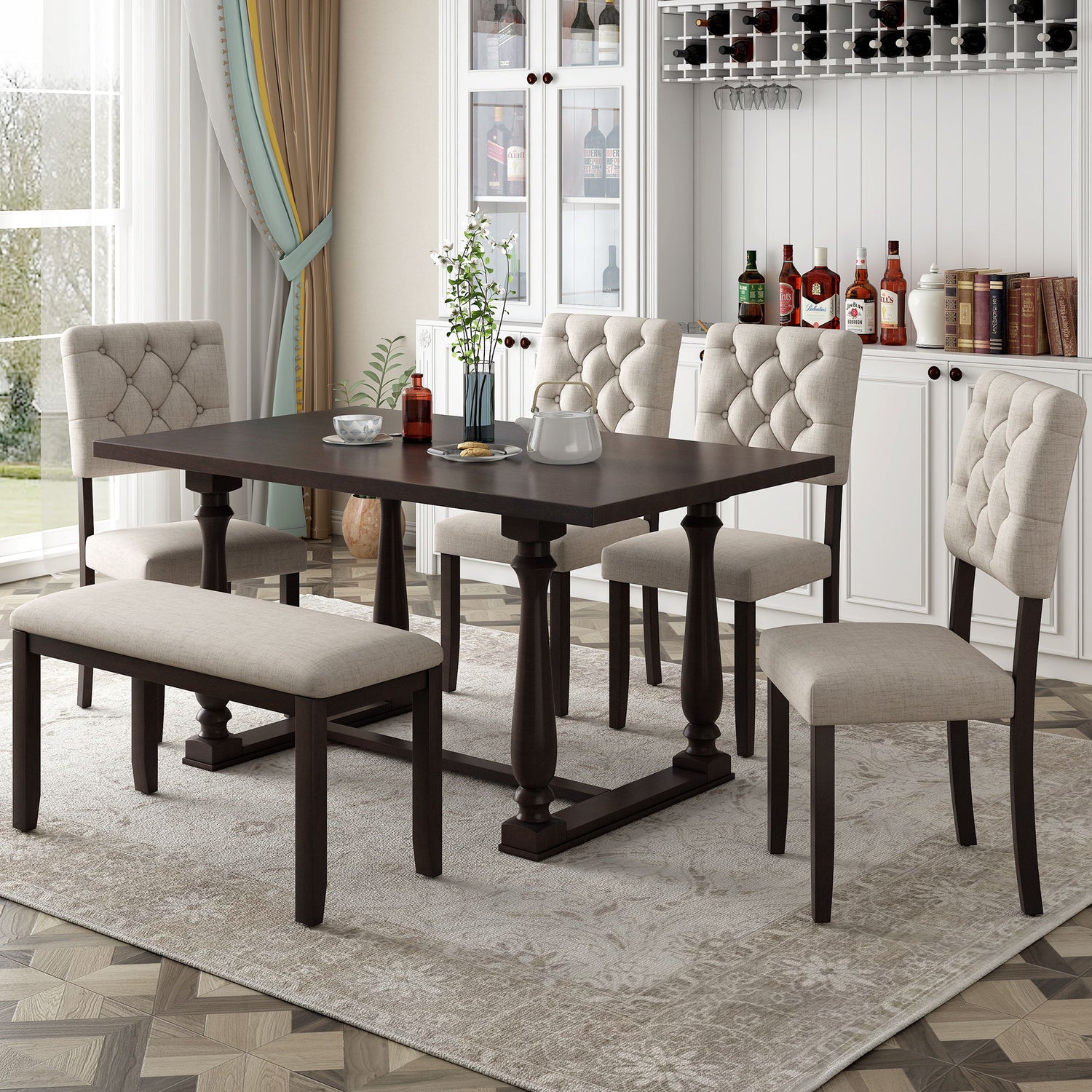 6 Piece Dining Table And Chair Set With Special-Shaped Legs And Foam-Covered Seat Backs&amp;Cushions For Dining Room