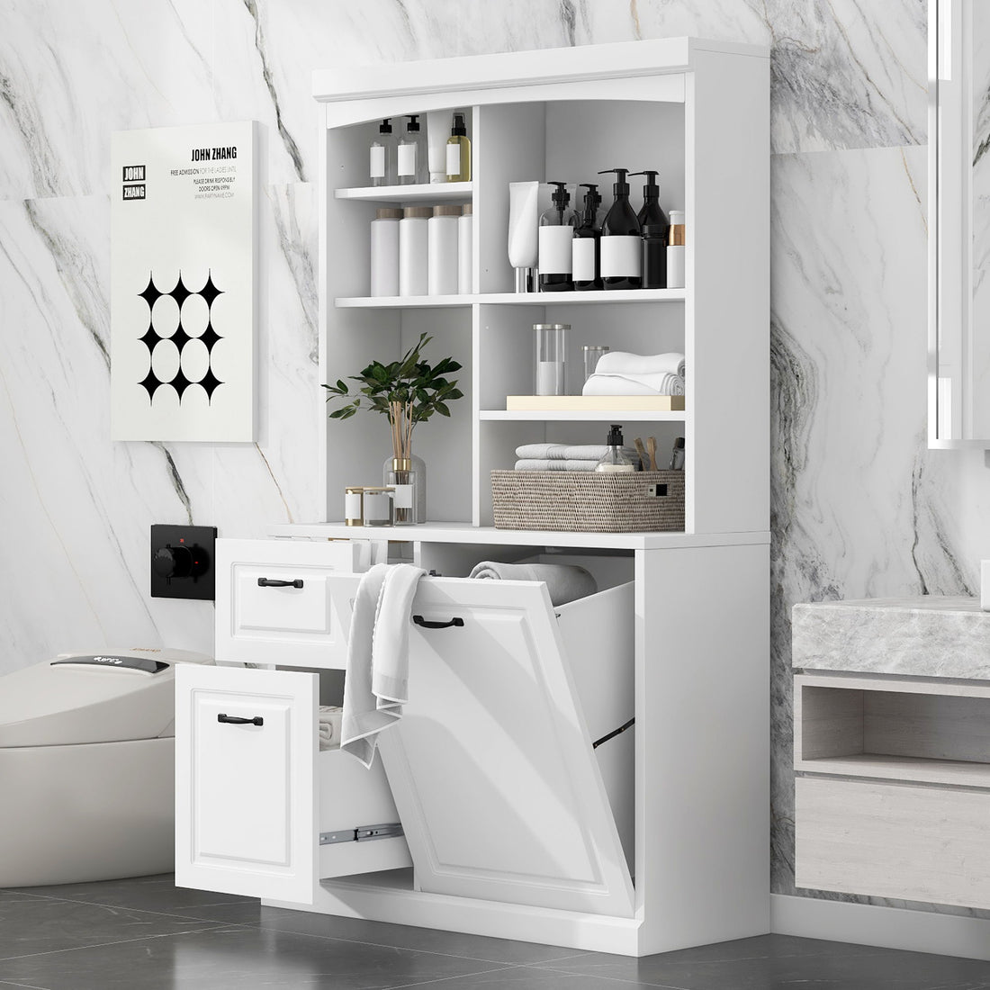 Bathroom Storage Cabinet With Tilt Out Hamper, Tall Free Standing Organizer With Drawers &amp; Adjustable Shelves, Linen Tower With Steel Handles - White